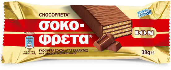 Ion Schokofreta - Waffel-Riegel mit Milchschokolade. Schokofreta von Ion gilt in Griechenland als Synonym für einen leichten süßen Snack